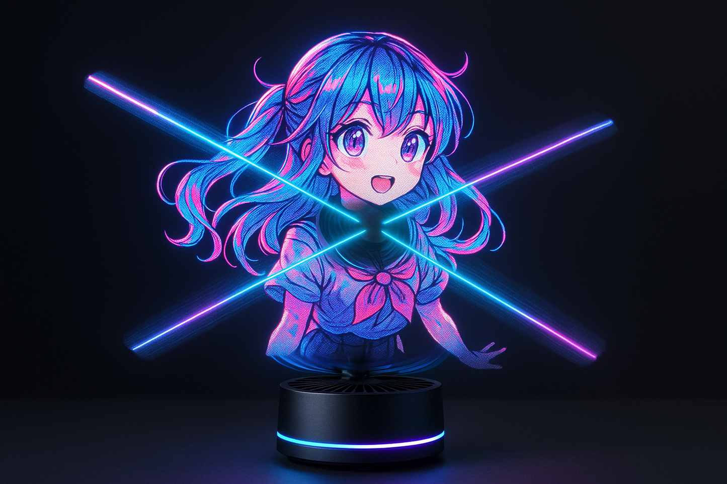 genere moi une image d'un hologramme led 3d ventilateur d'un manga